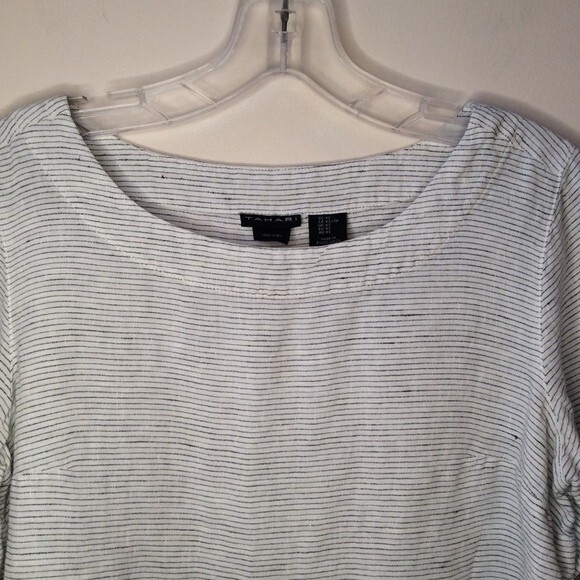 TAHARI XS WHITE LINEN NAUTICAL SKINNY STRIPE TOP - Picture 5 of 6